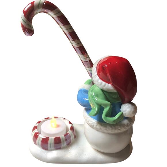 Vintage 2006 Happy Christmas Snowman Candycane Tealight Ceramic 7.75” - Picture 3 of 6
